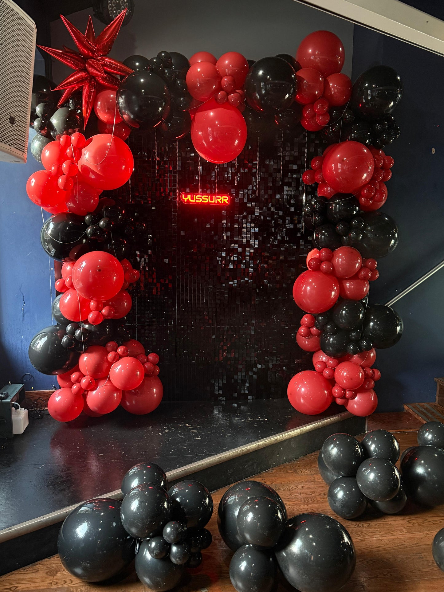 Sequin Panel Backdrop + 3-Side Balloon Garland (with Neon Sign)