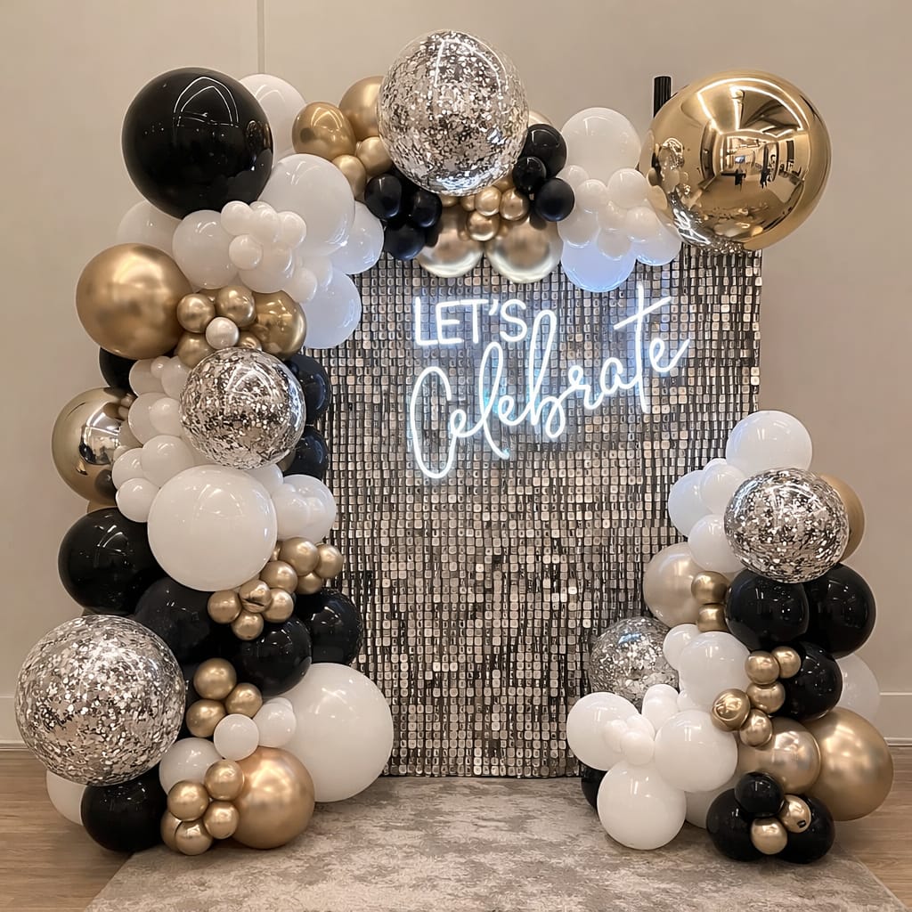 Sequin Panel Backdrop + 3-Side Balloon Garland (with Neon Sign)