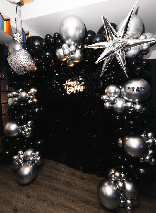 Sequin Panel Backdrop + 3-Side Balloon Garland (with Neon Sign)