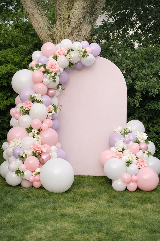 Deluxe Balloon Garland + Single Arch Backdrop (Vinyl Message Included)